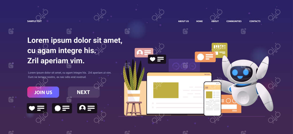 ربات در حال استفاده از کامپیوتر و اپلیکیشن‌های چت موبایل - فناوری شبکه‌های اجتماعی و هوش مصنوعی