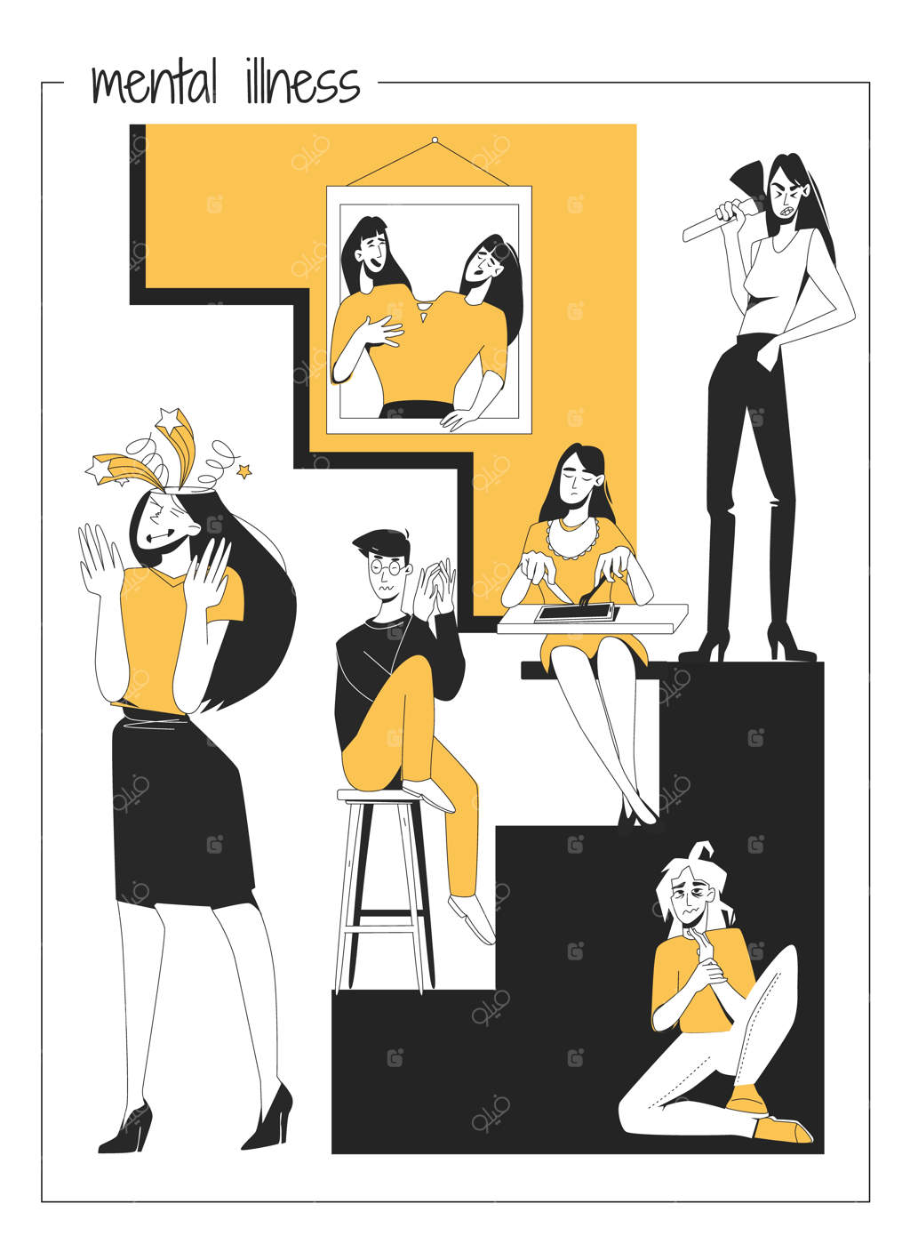 ترکیب روانشناسی بیماری‌های روانی با تصویر زنی با شرایط پزشکی مختلف - تصویرسازی برداری