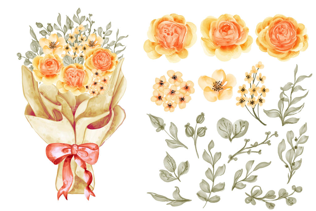 دسته گل در کاغذ پیچیده شده با نقاشی جداگانه گل رز زرد و نارنجی و برگ‌ها