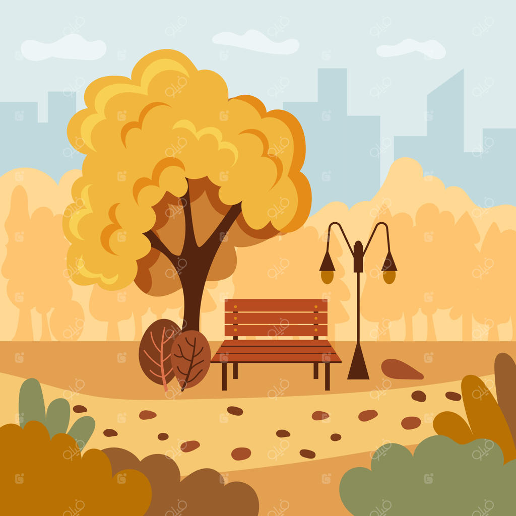 منظره پاییزی با درختان رنگارنگ و برگ‌های ریزان