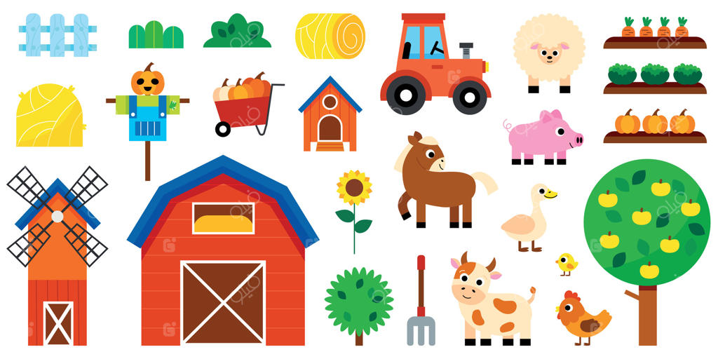مجموعه‌ای از عناصر روستایی و مزرعه: تراکتور، کاه، مترسک، انبار. برداشت محصول. حیوانات اهلی مانند گاو، خوک، مرغ، گوسفند، غاز، اسب. دنیای کشاورزی و مزرعه‌داری کودکان.