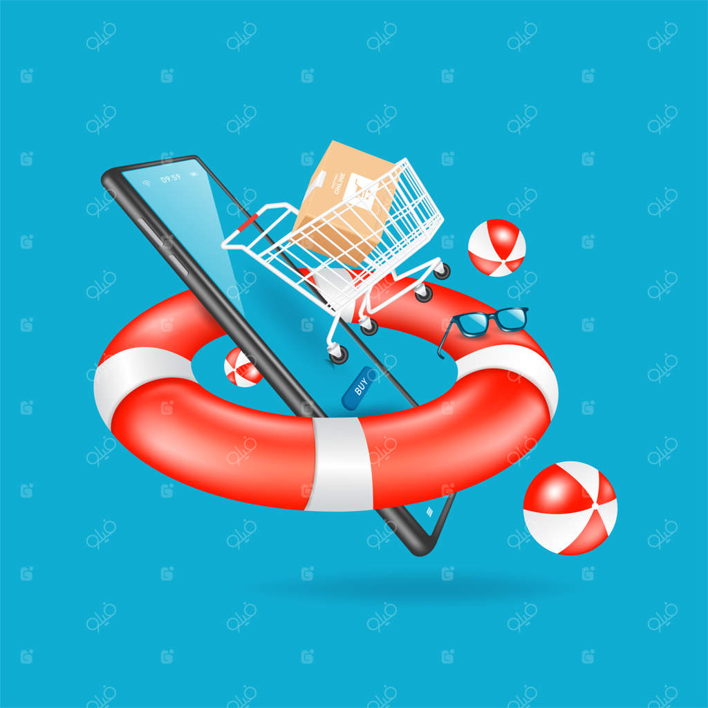 جعبه‌ای در سبد خرید که مقابل گوشی هوشمند درون یک حلقه نجات شناور است، با توپ‌هایی که روی آب به صورت سه‌بعدی در زمینه آبی طراحی شده‌اند برای مفهوم خرید آنلاین در تابستان