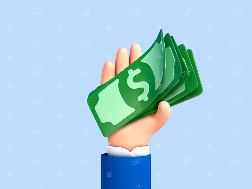 دست کارتونی سه‌بعدی با اسکناس‌های دلار: مفهوم عملیات مالی، پرداخت و بازگشت پول، سرمایه‌گذاری و تجارت کسب‌وکار