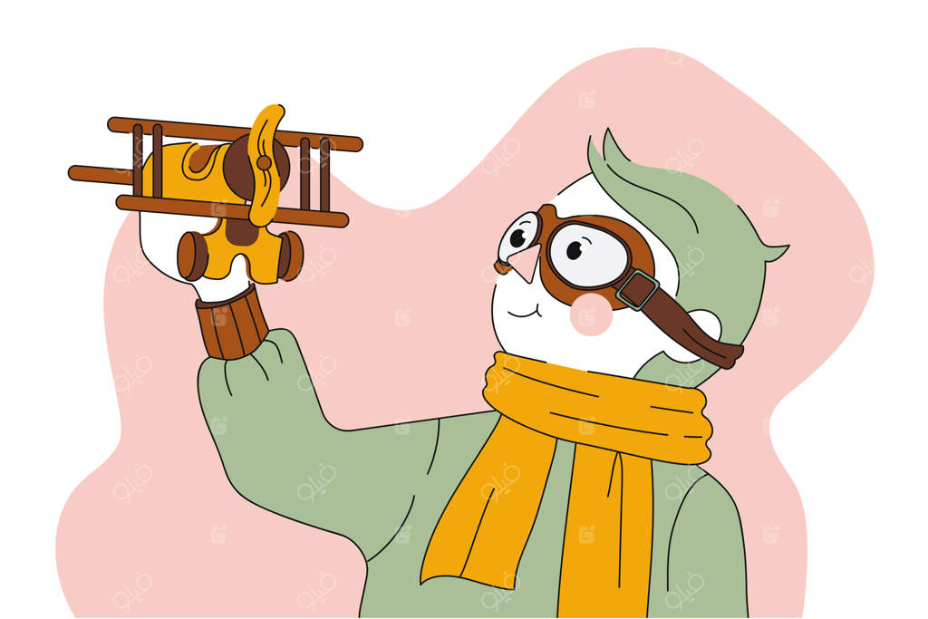 کودکی: رؤیا، شغل، سفر، بازی. پسر بچه خوشحال و خندان با کاریکاتور چوبی هواپیما بازی می‌کند و به شغل خلبانی فکر می‌کند. خیال‌پردازی سفرهای هوایی.