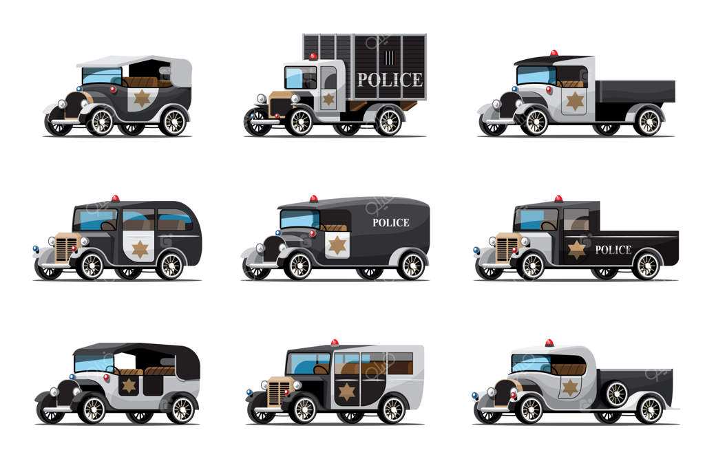 مجموعه‌ای از نه ماشین پلیس به سبک قدیمی یا عتیقه بر روی زمینه سفید