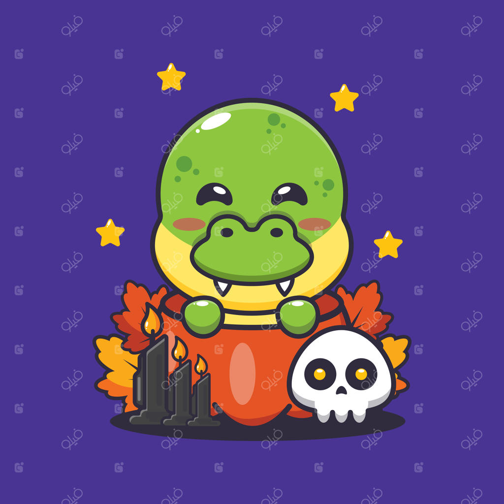 دایناسور بامزه در کدو تنبل هالووین - تصویر کارتونی هالووین جالب و زیبا