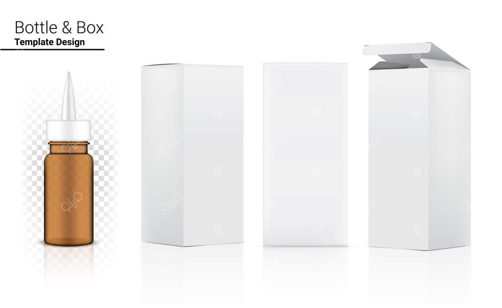 تصویر واقع‌گرایانه قوطی شفاف کهربایی و جعبه سه‌بعدی روی زمینه سفید: مراقبت‌های بهداشتی و پزشکی.