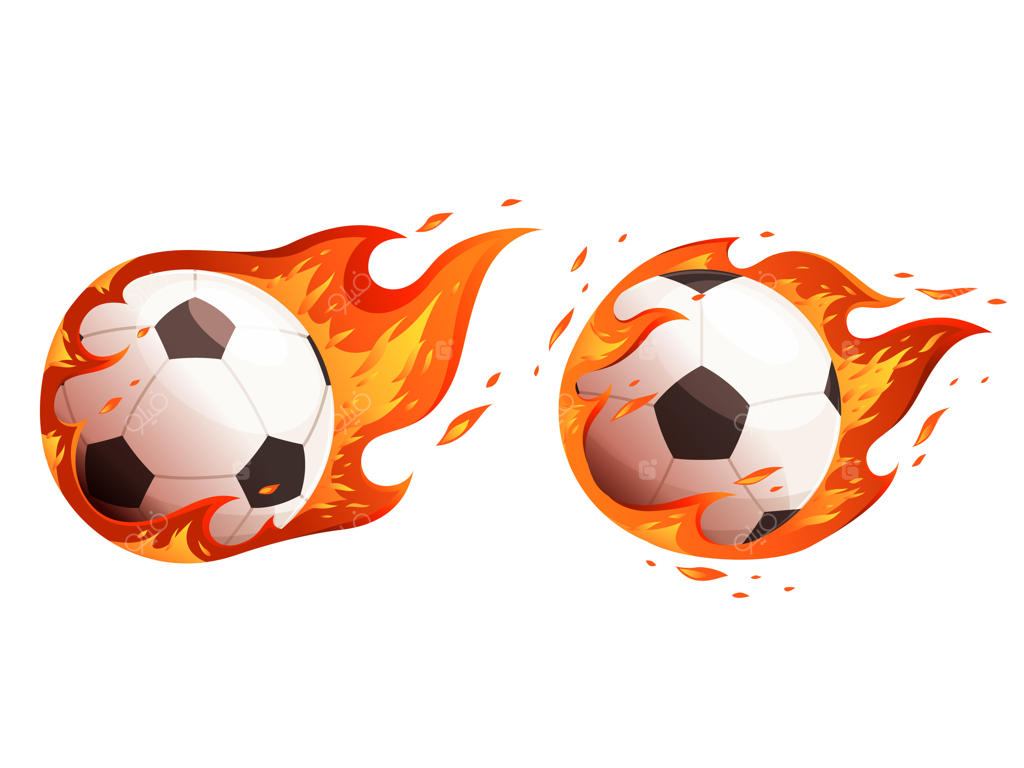 توپ‌های فوتبال آتشین: طراحی برای مسابقه فوتبال. روی پس‌زمینه سفید.