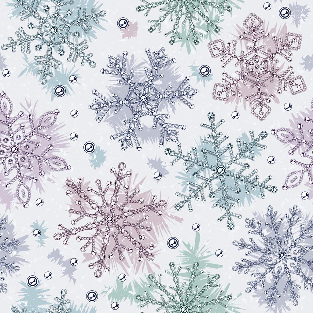 پترن یکپارچه با دانه‌های برفی بزرگ و زیبا از زنجیرهای جواهری و مروارید روی زمینه سیاه - طرحی شیک و خلاقانه برای کریسمس، سال نو و تزئین بسته‌بندی هدایا