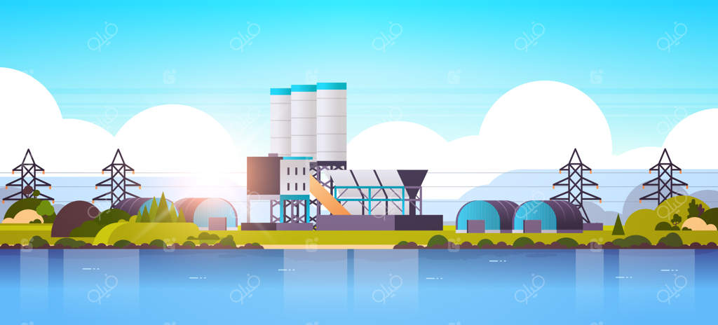 ساختمان‌های کارخانه تولیدی نزدیک رودخانه یا دریا در مناطق صنعتی