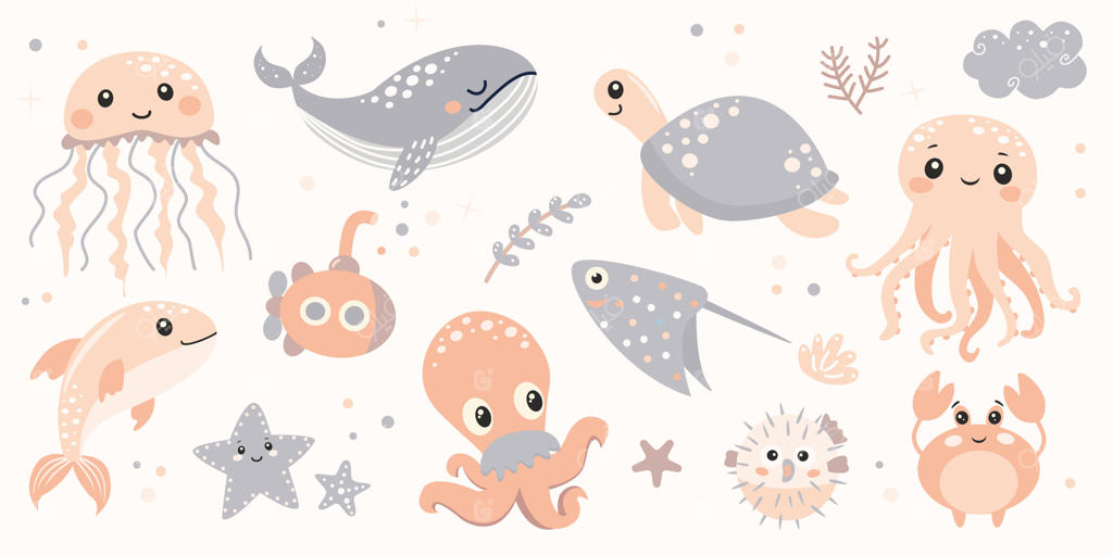 مجموعه تصویرسازی حیوانات دریایی بامزه به سبک تخت