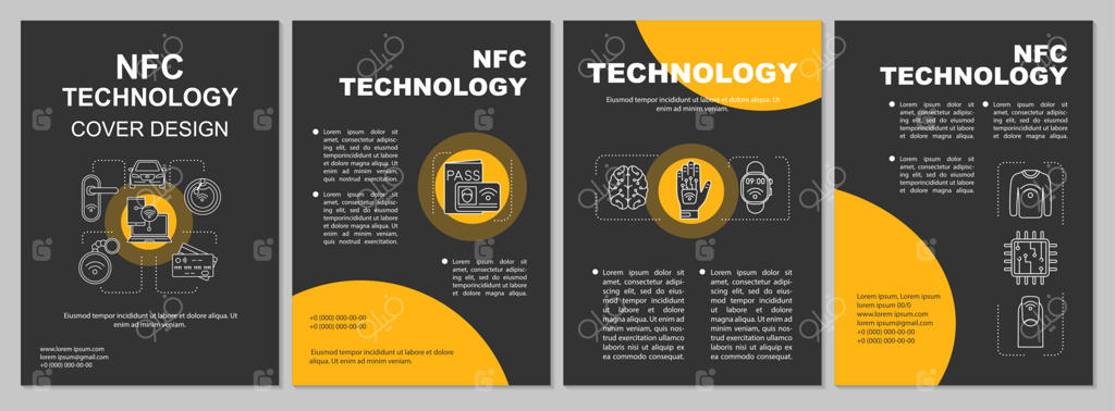 قالب بروشور فناوری NFC و پرداخت غیرتماسی؛ طرح چاپی تراکت، کتابچه و لیفلت با تصویرسازی‌های خطی. صفحه‌آرایی وکتور برای مجلات، گزارش‌های سالانه و پوسترهای تبلیغاتی