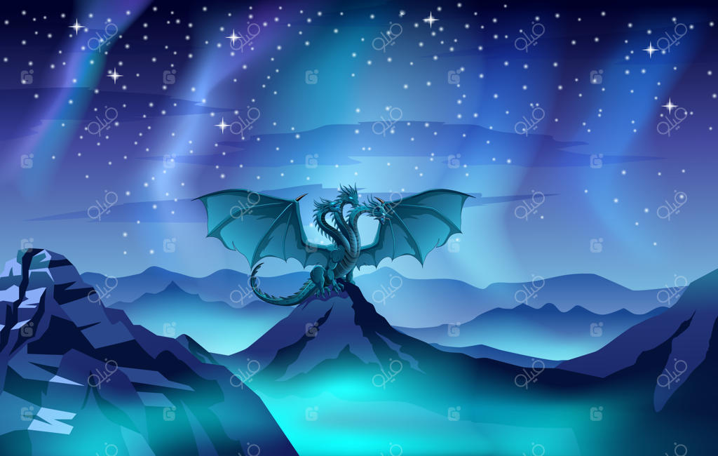 تصویرسازی اژدهای هیدرای فانتزی در کوهستان و شب پرستاره