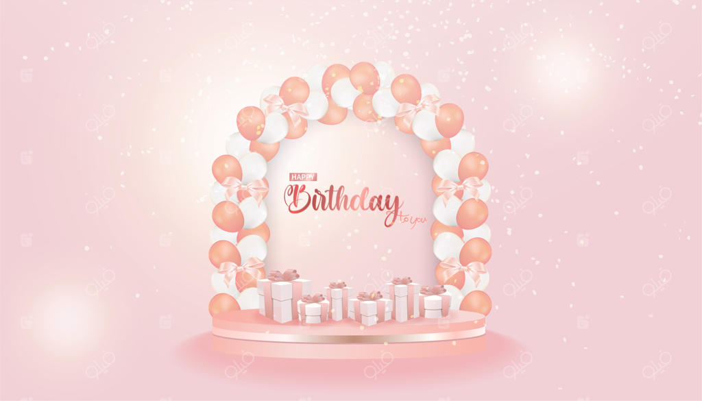 کارت تولد صورتی و سفید با بادکنک‌های صورتی و سفید، طاق بادکنکی و جعبه هدیه