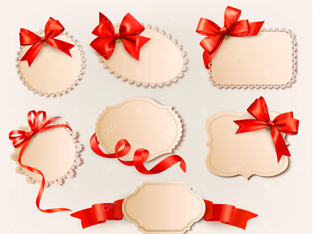 مجموعه‌ای از برچسب‌های قدیمی با روبان‌ها و پاپیون‌های قرمز هدیه.
