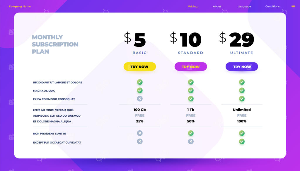 قالب طراحی اینفوگرافیک مقایسه ویژگی‌های محصول و جدول قیمت اشتراک ماهانه