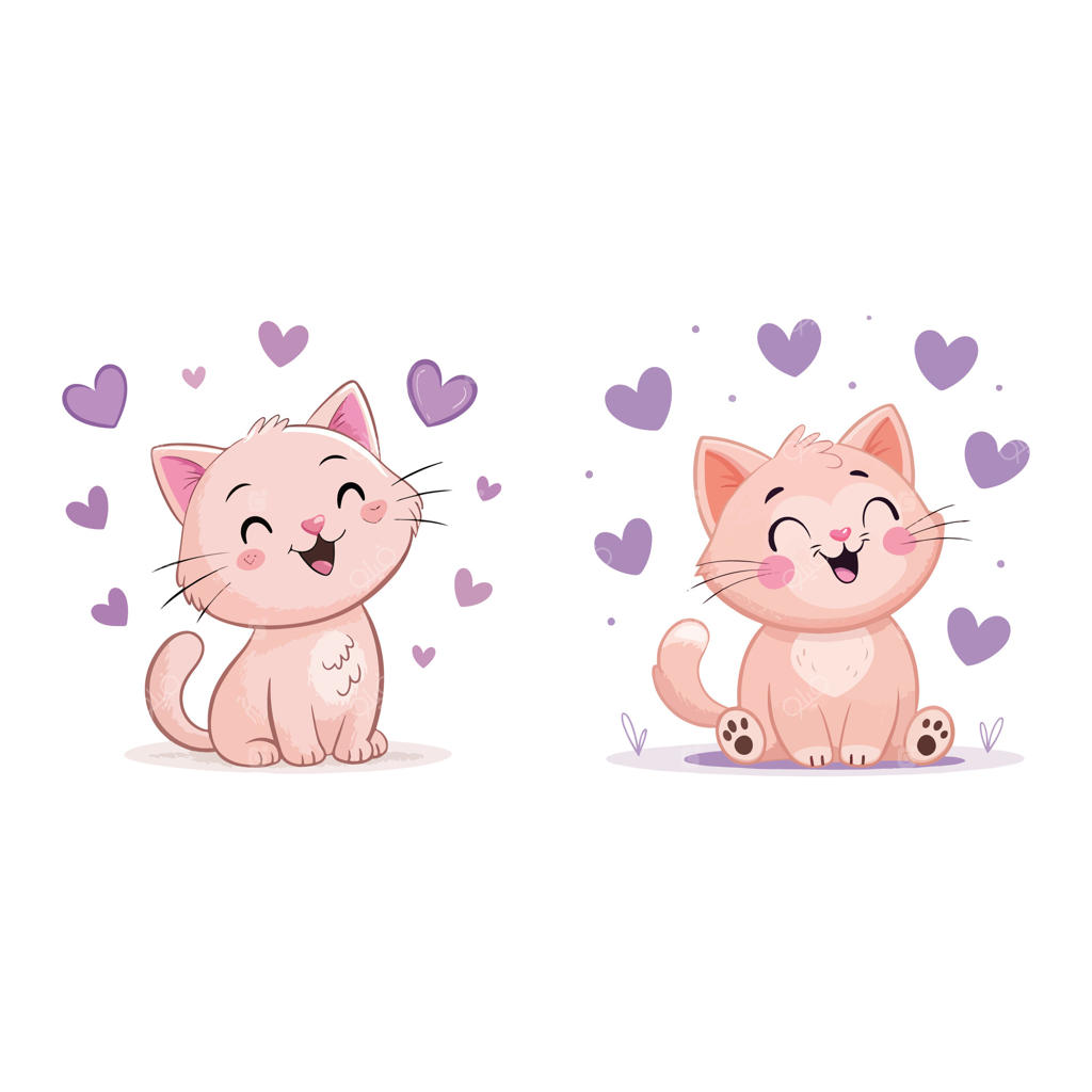 تصویر کارتونی جذاب از بچه‌گربه‌های صورتی با قلب‌های بنفش برای طراحی‌های بامزه