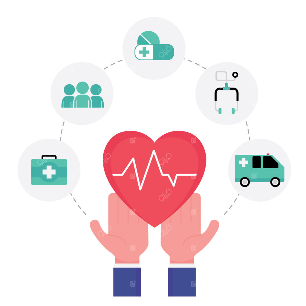 طرح مفهومی بیمه سلامت شامل دست با نشان قلب به همراه وکتور پزشکی و آمبولانس