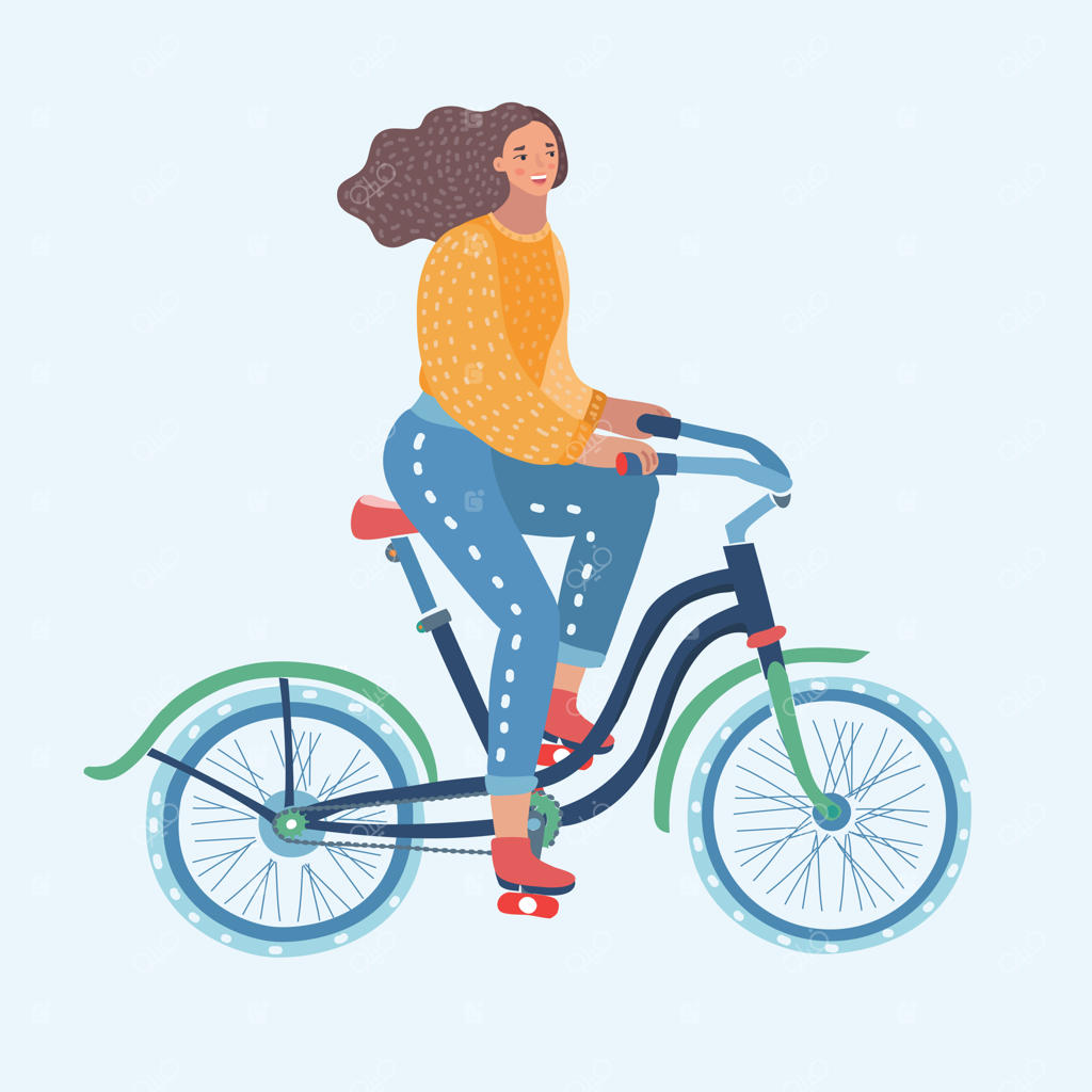 تصویر کارتونی و بامزه از زنی در حال دوچرخه‌سواری