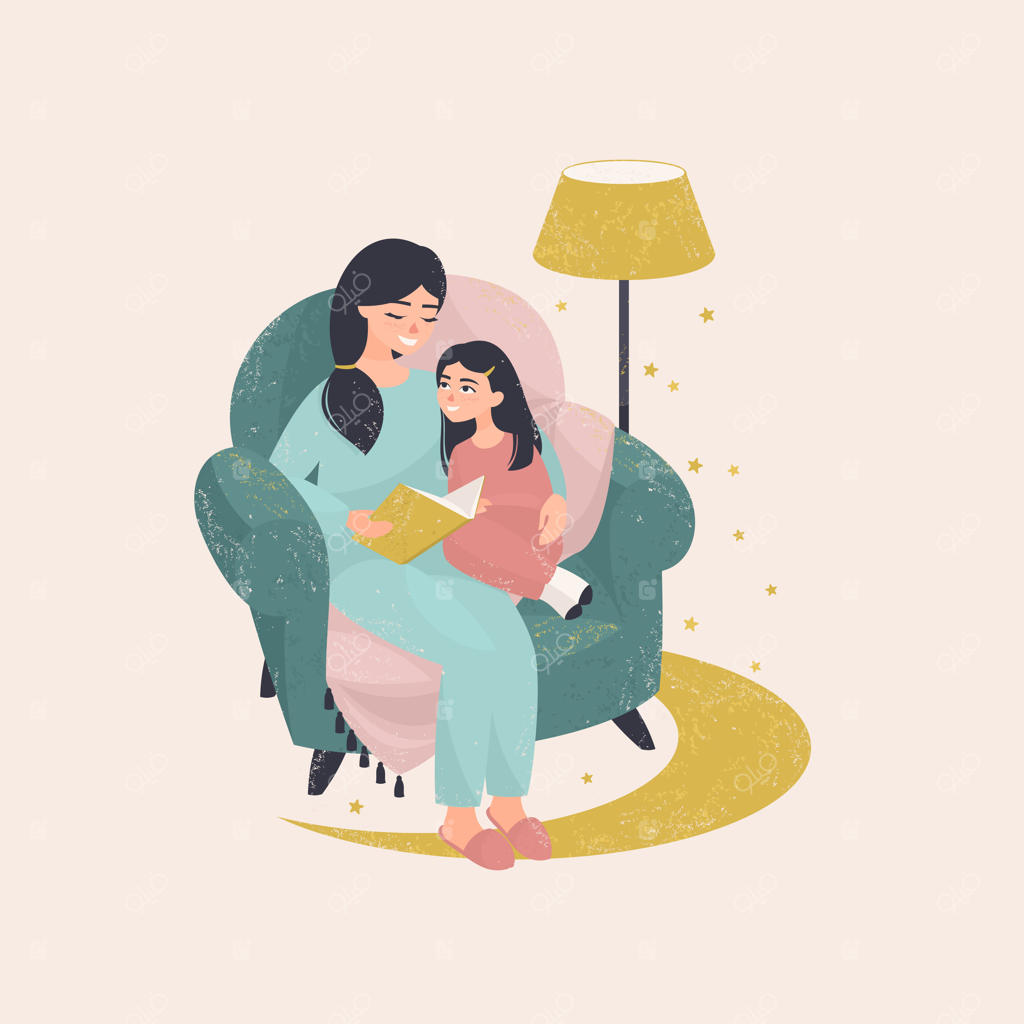مادر جوان قبل از خواب برای دخترش کتاب می‌خواند