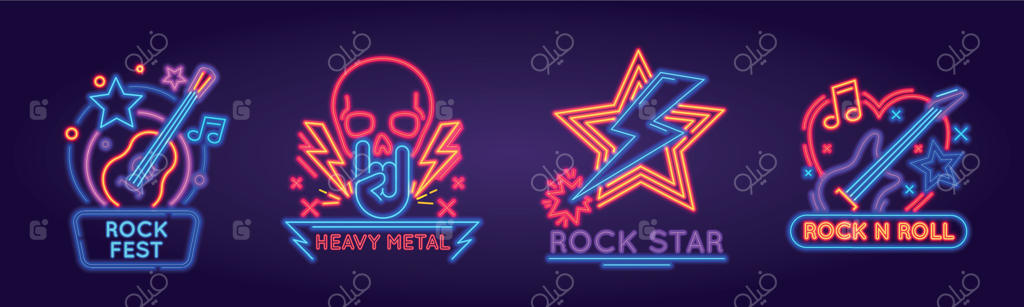تابلوهای نئون درخشان برای جشنواره راک، لوگوی گروه یا باشگاه - نشانه نوری برای مهمانی موزیک راک با جمجمه پانک و مجموعه وکتور گیتارها