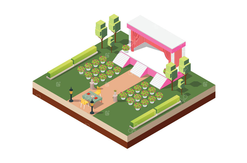 طرح ایزومتریک مدرن از محراب پیمان ازدواج مقدس با یک باغ گل، میز و تزئینات زیبا بر زمینه سفید مجزا