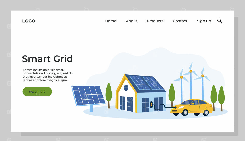 شبکه هوشمند، خانه با توربین بادی و پنل‌های خورشیدی، خودروی الکتریکی در کنار ایستگاه شارژ. مفهوم انرژی سبز. قالبی برای صفحه ورود.