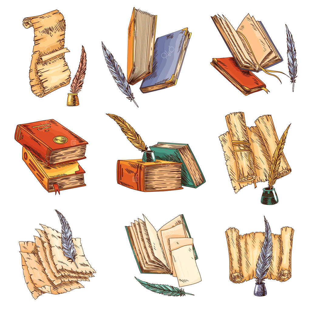 مجموعه وکتور کتاب‌های قدیمی: کتاب‌های کهنه باز با صفحه‌های خالی، کاغذ پوستی، طومارها با پر قدیمی و جوهر، نوشت‌افزار قدیمی و نسخه‌های دست‌نویس بدون متن.