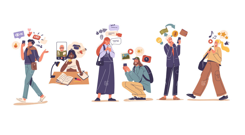 مجموعة متنوع از شخصیت‌های کارتونی در حال استفاده از اینترنت بی‌سیم موبایل