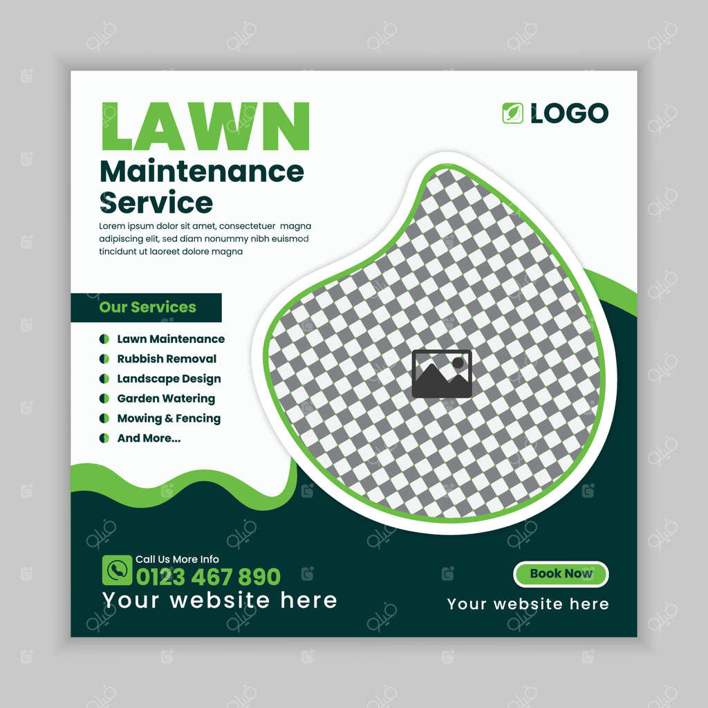 قالب طراحی پست شبکه‌های اجتماعی برای خدمات محوطه‌سازی چمن یا باغ ماشین چمن‌زنی
