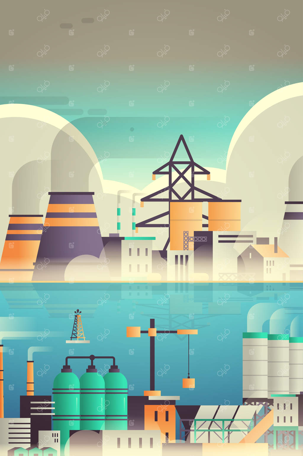 ساختمان کارخانه در منطقه صنعتی با لوله‌ها