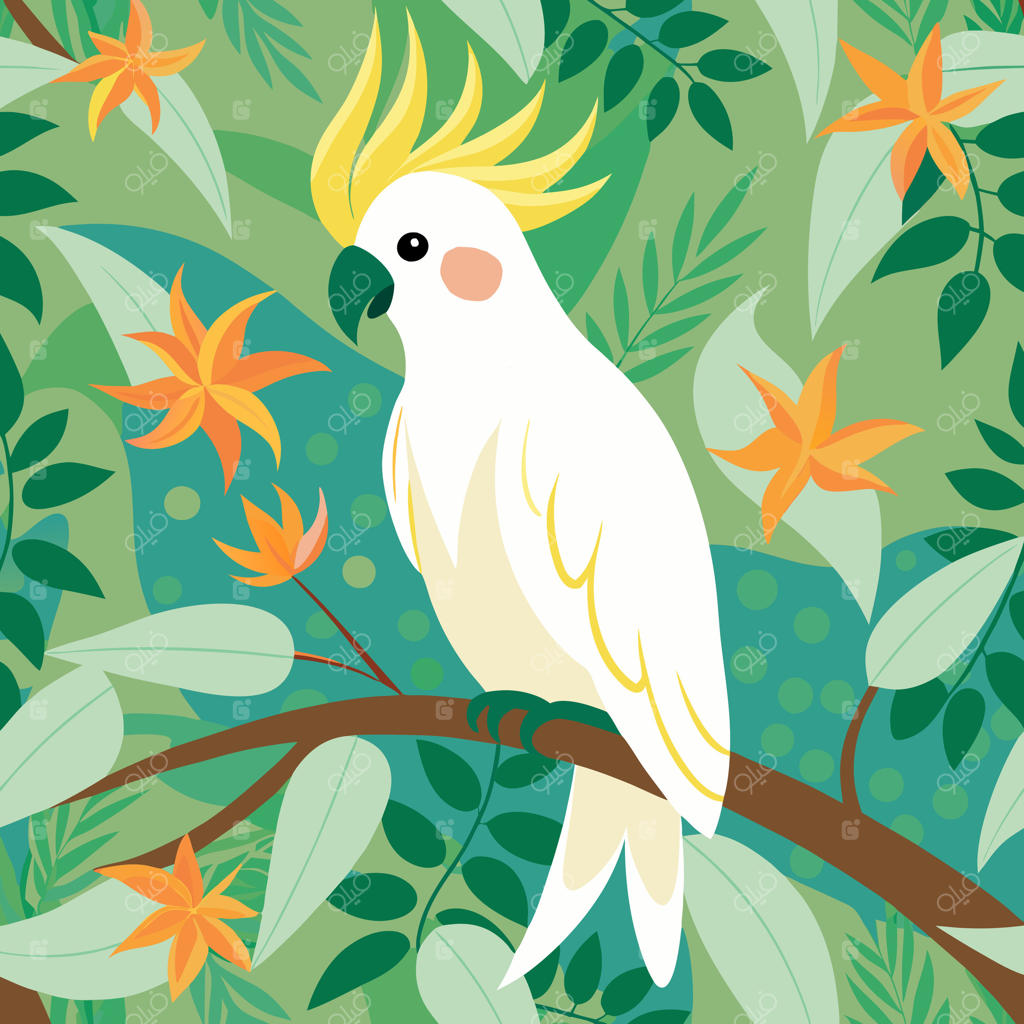 تصویری از یک طوطی کاکاتو رنگارنگ بر روی شاخه‌ای در پس‌زمینه‌ای از جنگل. مناسب برای پوسترهای سفر، لوگو، کتاب‌های کودک و دایره‌المعارف‌ها.
