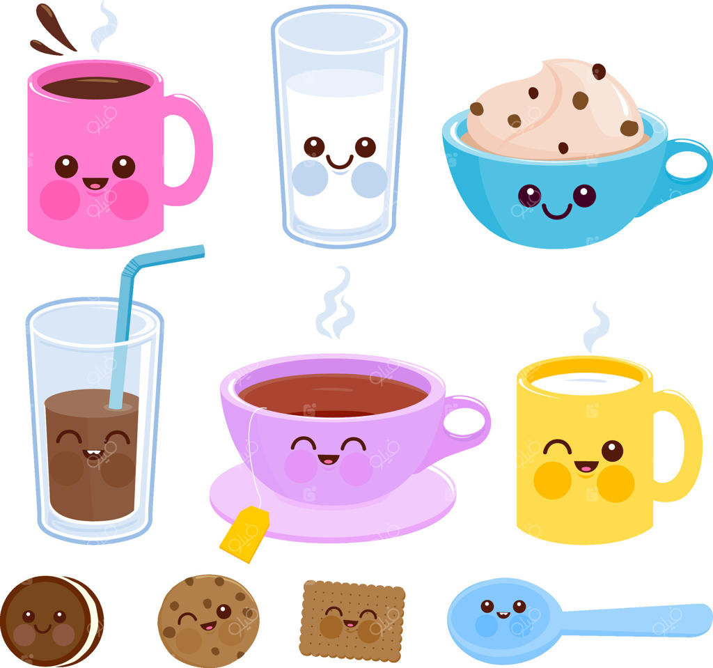 مجموعه شخصیت‌های بامزه نوشیدنی و خوراکی: قهوه، شیر، چای، بیسکویت و شیرینی‌های دوست‌داشتنی.