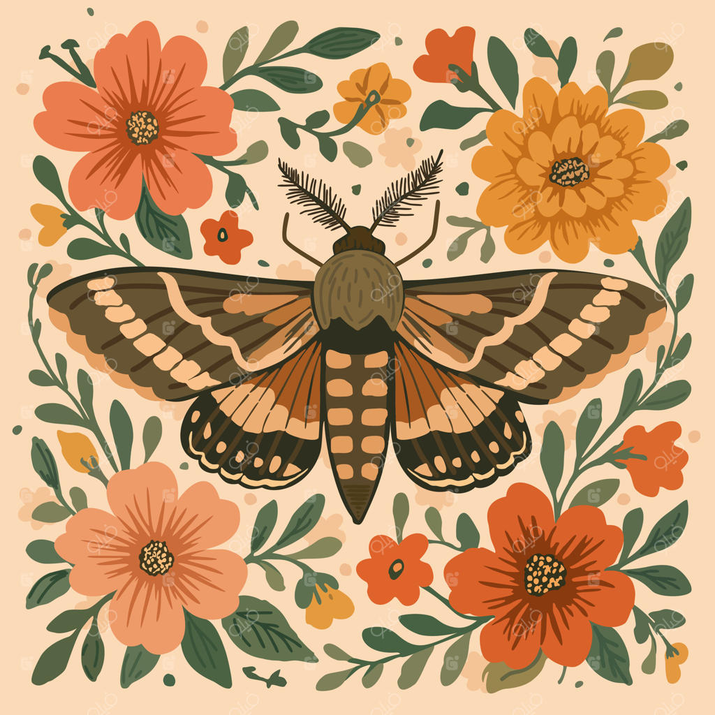 شب‌پره شاهین در میان گل‌ها، تصویر تزئینی به سبک بوهو، با رنگ‌های گرم