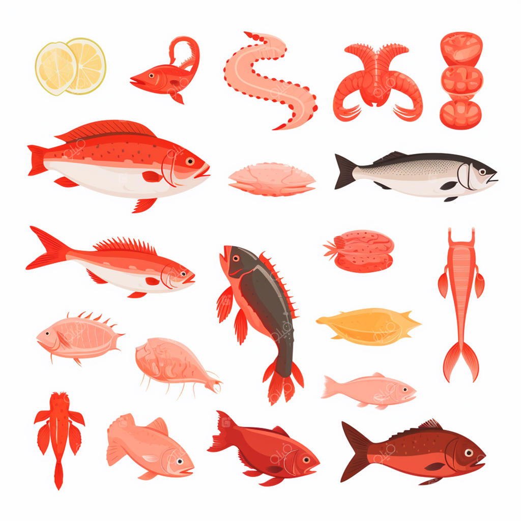 وکتور تصویرسازی ماهی و غذای دریایی تازه، آیکون گرافیکی ایزوله برای طراحی رستوران