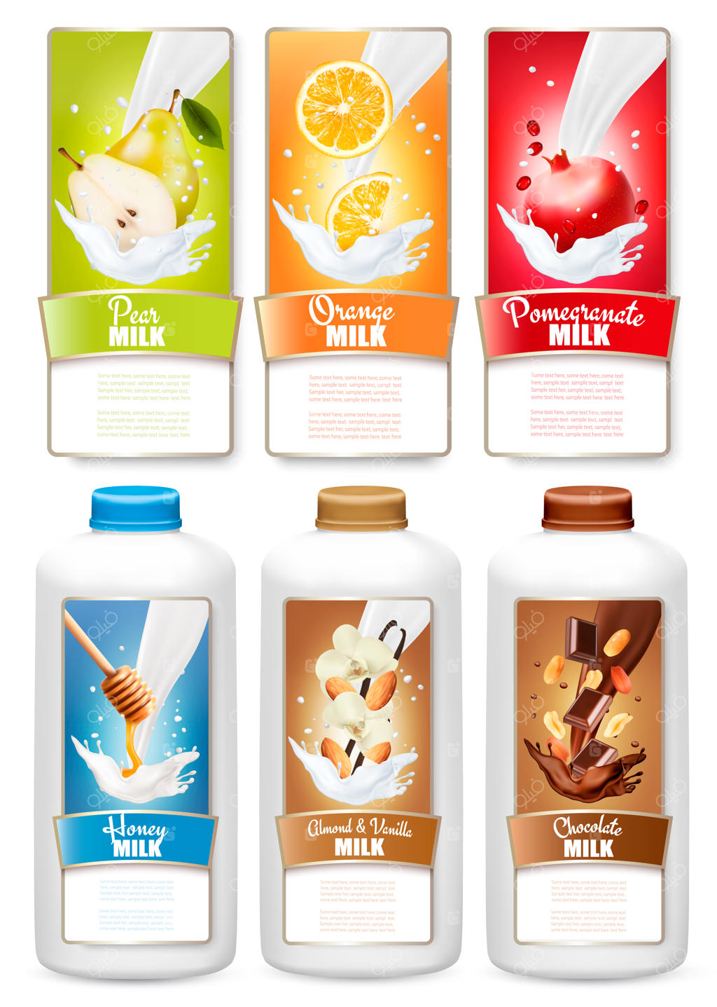 مجموعه سه برچسب میوه در اسپلش شیر؛ شامل گلابی، پرتقال، انار، عسل، وانیل، شکلات و بطری‌های برچسب‌دار