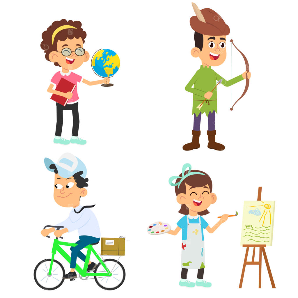 مجموعه‌ای از کودکان بامزه در مشاغل مختلف: دختران و پسران کوچک با لبخند در لباس‌های حرفه‌ای و تجهیزات ویژه، با تصاویر رنگارنگ