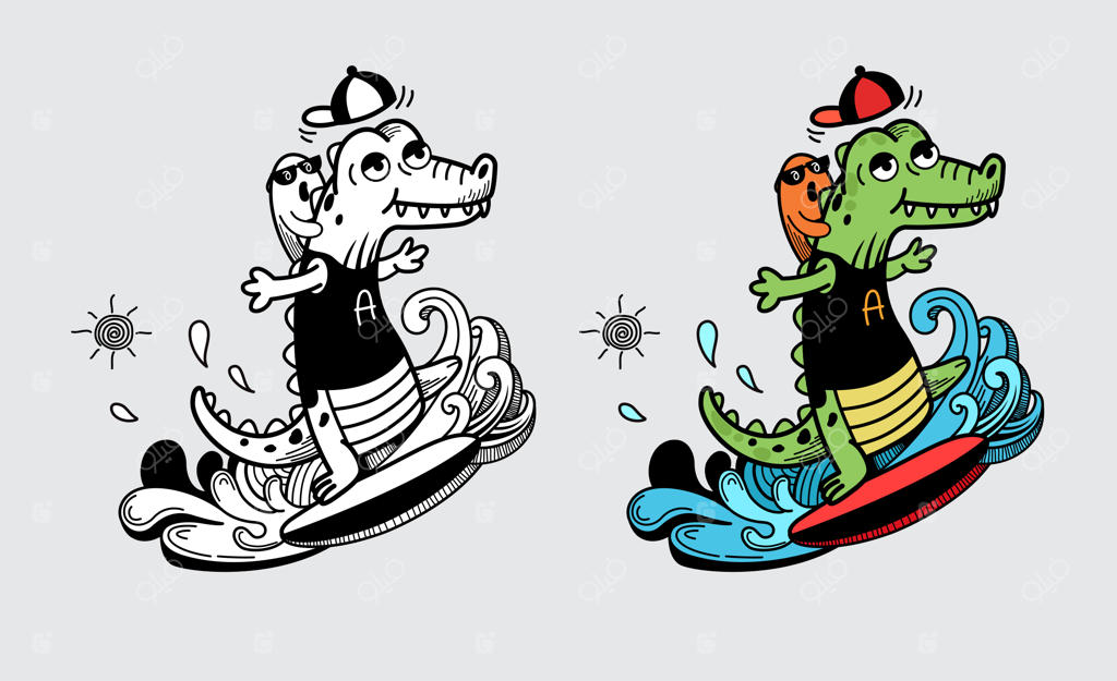 تصویرسازی تمساح رنگی و سیاه‌سفید برای کتاب رنگ‌آمیزی