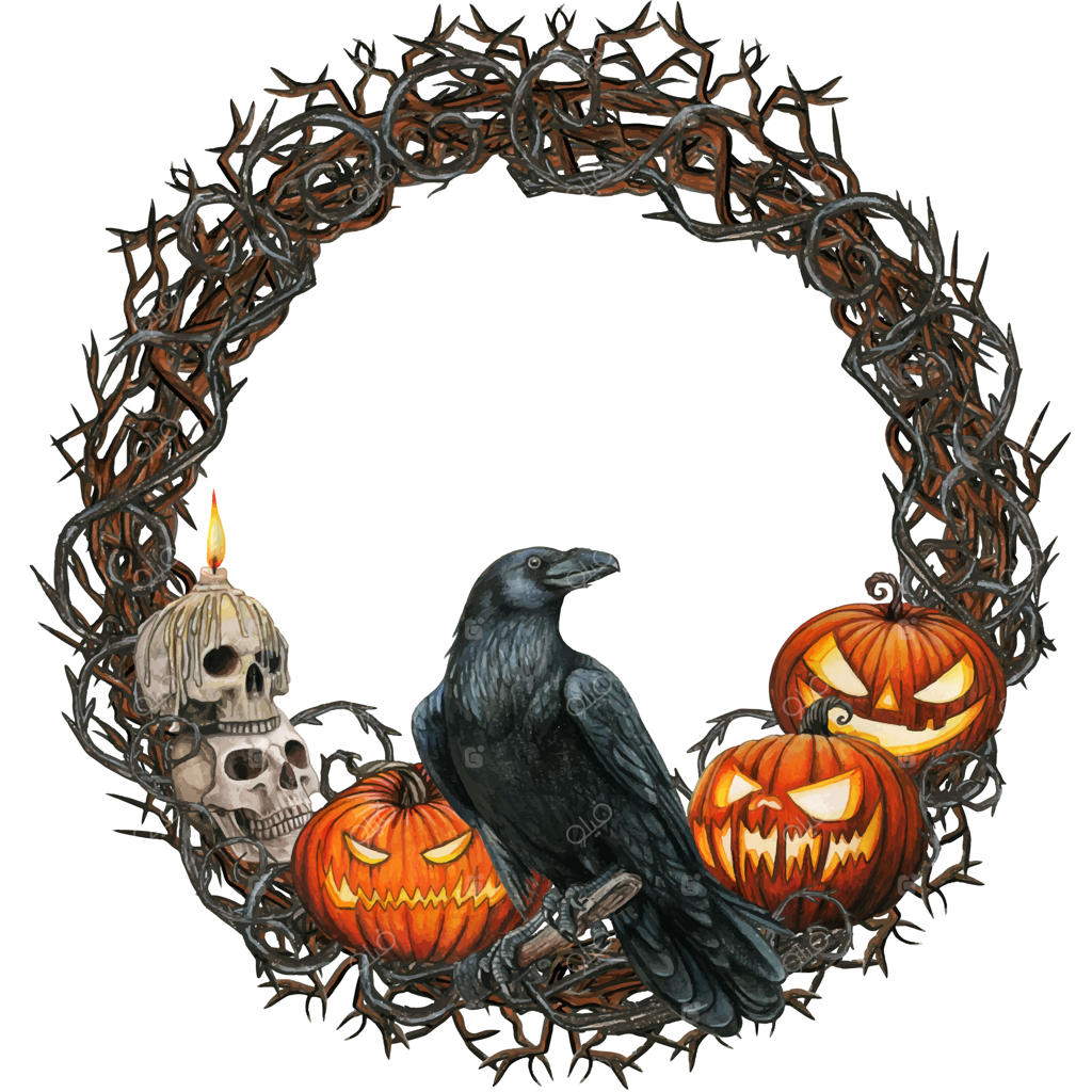تاج هالووین آبرنگی با کلاغ، جمجمه‌ها و کدو تنبل‌ها