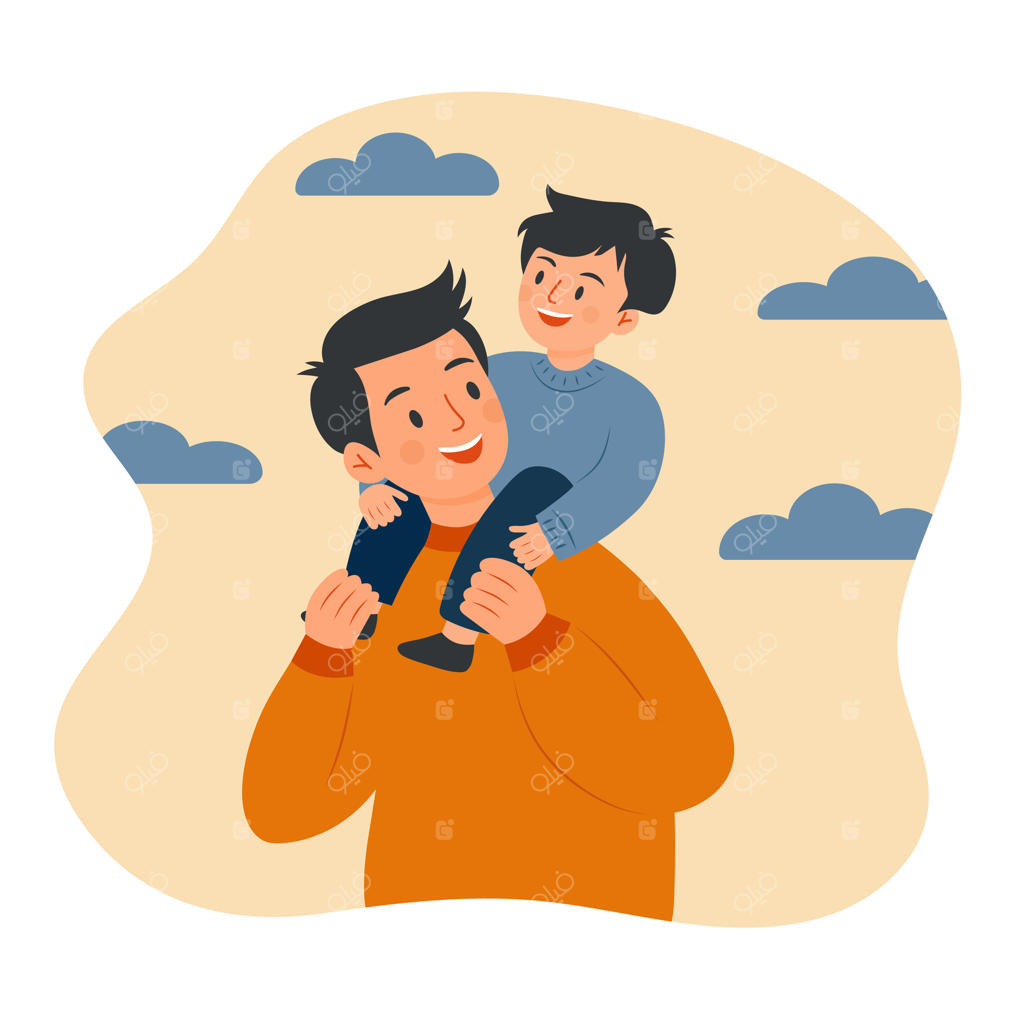 پدری که پسر بچه خوشحال را روی دوش حمل می‌کند؛ مرد آسیایی با کودکی که روی شانه‌هایش نشسته است، تصویرسازی شخصیت کارتونی فلت