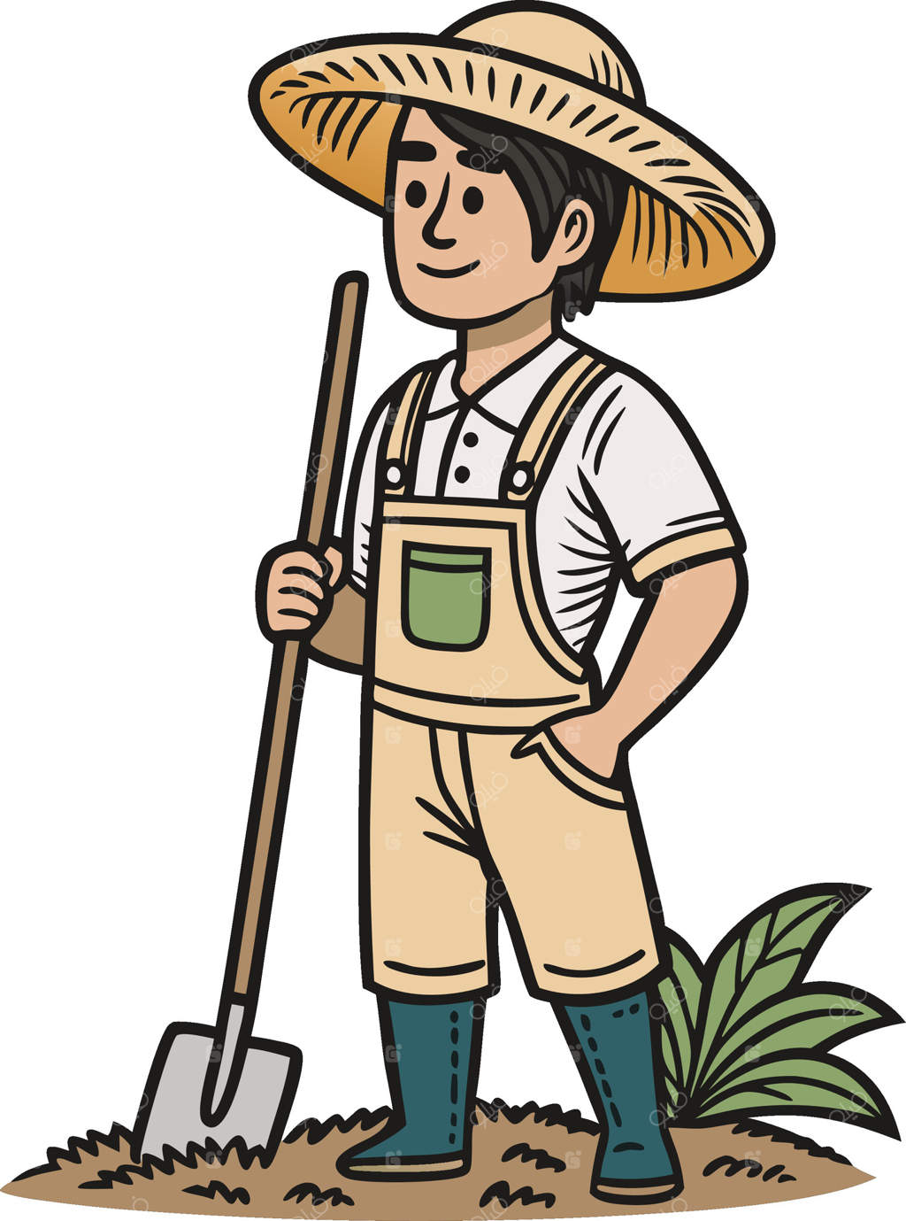 کشاورز با بیل، کلاه حصیری و لباس کار در منظره باغ - وکتور حرفه‌ای
