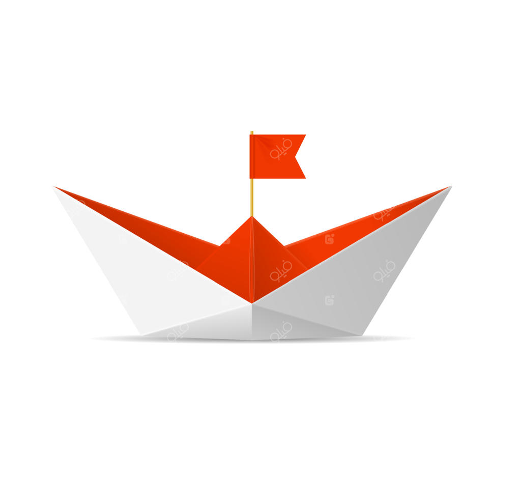 قایق کاغذی سه‌بعدی واقع‌گرایانه با پرچم قرمز. وکتور