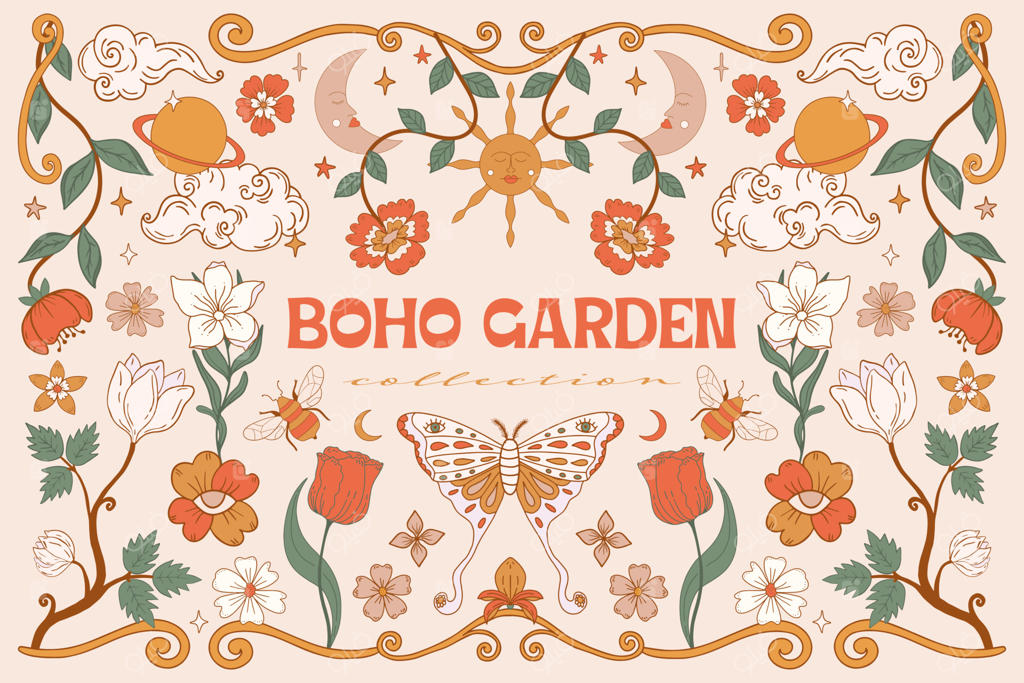 مجموعه طرح‌های هیپی و جذاب دهه ۷۰؛ پک استیکر با استایل رترو و سایکدلیک مد روز. تصویرسازی وکتور ایزوله با سبک بوهو، مناسب برای تابلو، پوستر، کارت پستال و دکوراسیون اتاق