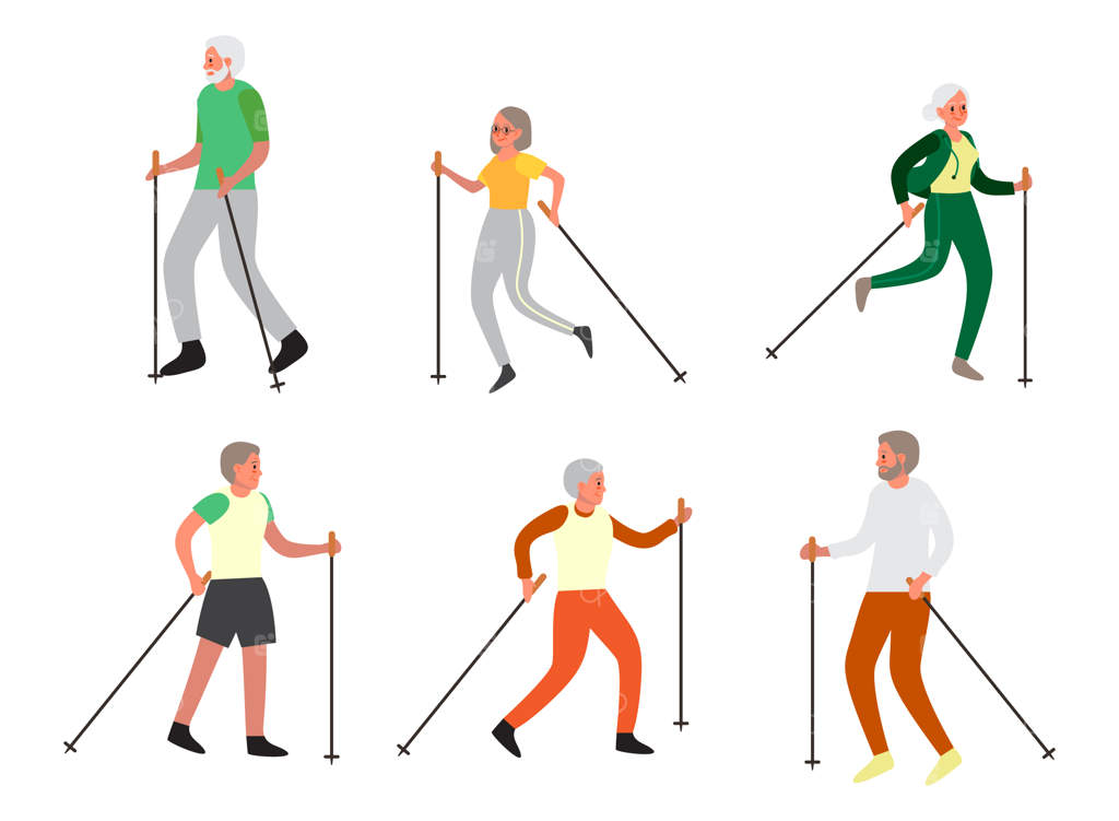 پیرمرد و پیرزنی که با هم نوردیک واکینگ می‌کنند: بازنشستگان و زندگی سالم.