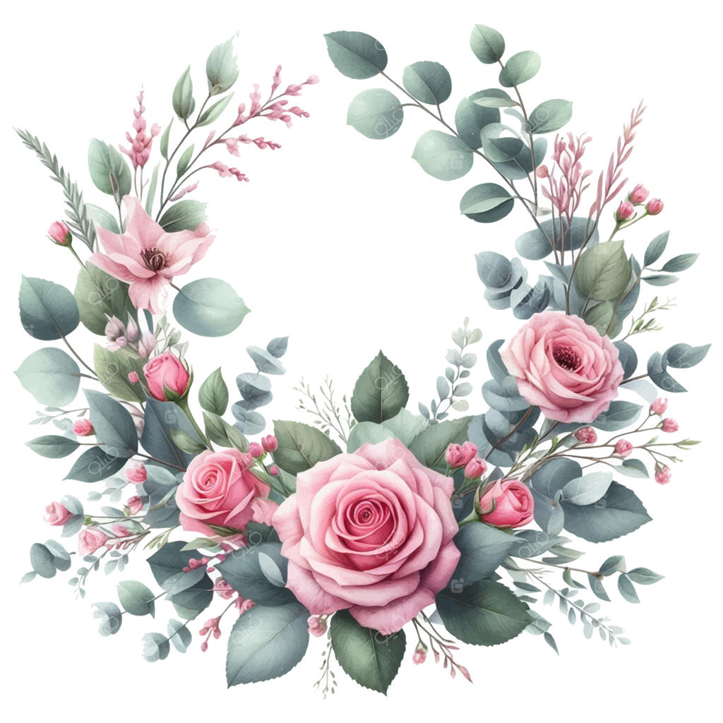 حلقه گل شیک با رزهای صورتی و برگ‌های سبز