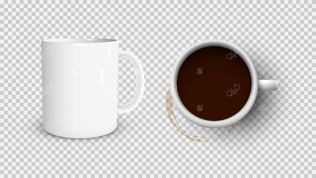 نمای فنجان قهوه سفید و لکه قهوه از بالا