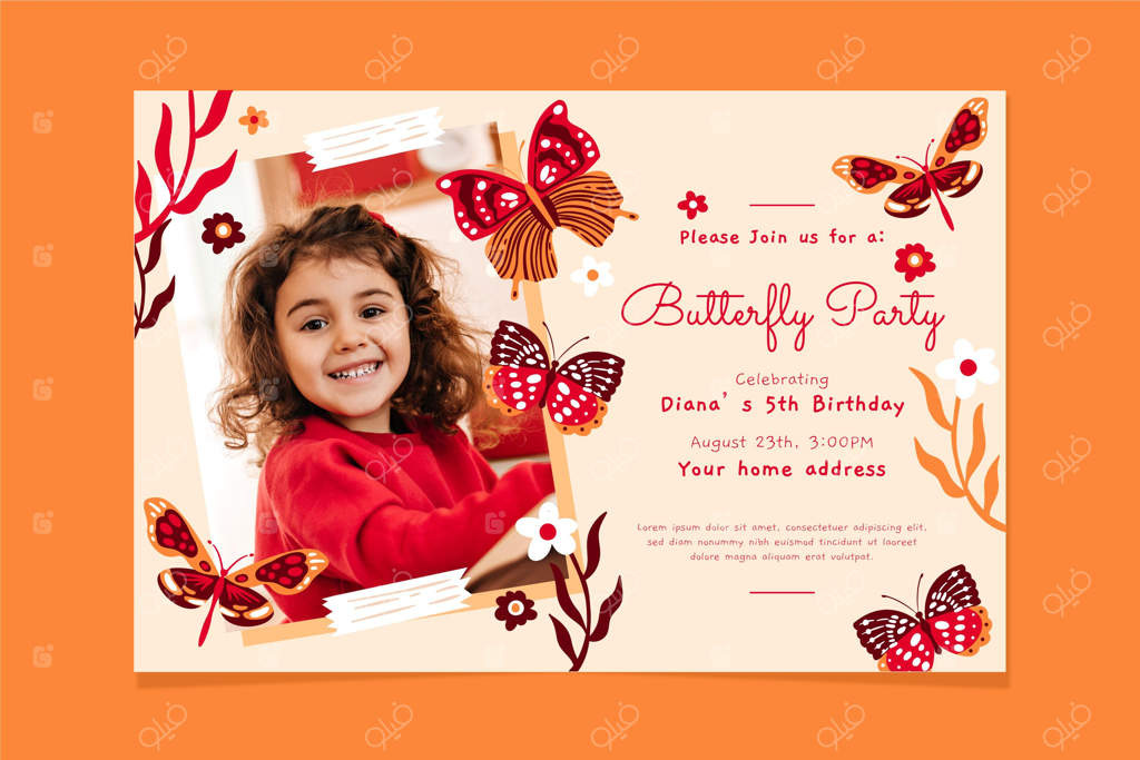 کارت دعوت تولد با طرح پروانه و عکس شخصیتان