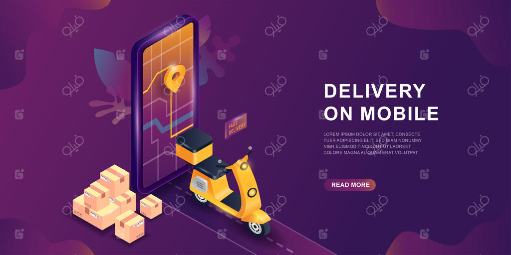 اپلیکیشن آنلاین خدمات ارسال موبایل: مفهوم ایزومتریک. خدمات ارسال آنلاین. صفحه‌نمایش گوشی با نقشه و علامت GPS. سرویس خرید آنلاین با اسکوتر یا موتور.