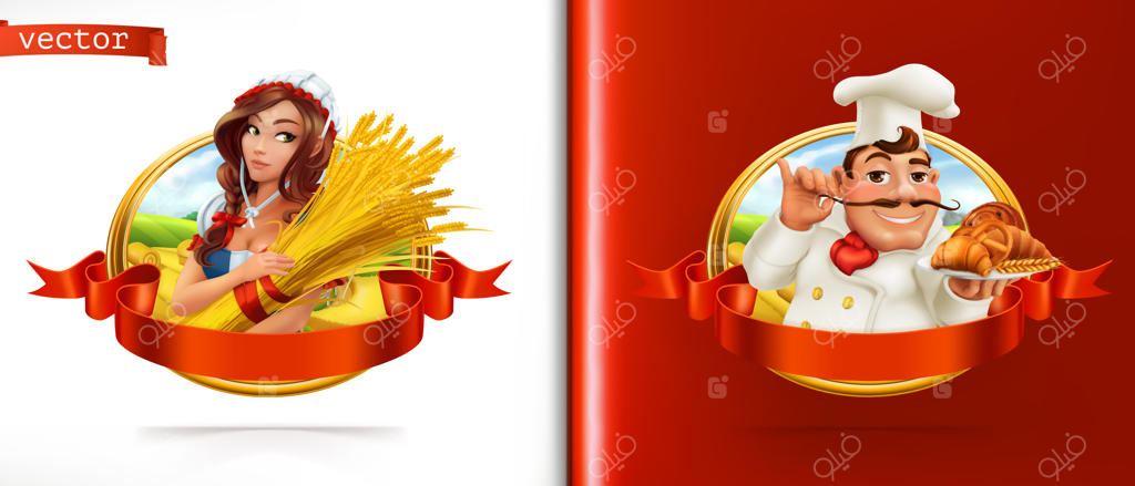 گندم و نان. کشاورز و نانوا. برچسب سه‌بعدی برداری