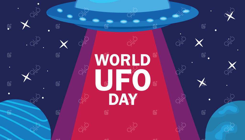 تصویری رنگارنگ به مناسبت روز جهانی بشقاب پرنده: سفینه‌ای پرنده که در آسمان پرستاره و سیارات در پس‌زمینه، نورافشانی می‌کند.